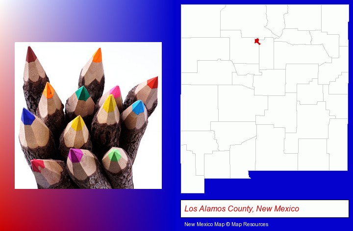 colored pencils; Los Alamos County, New Mexico highlighted in red on a map