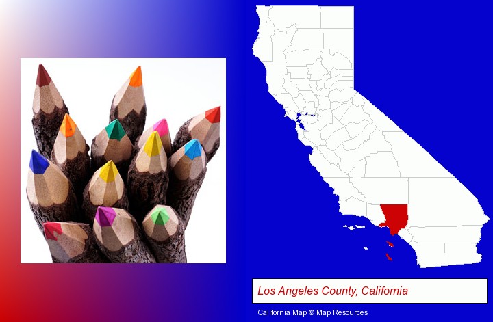 colored pencils; Los Angeles County, California highlighted in red on a map