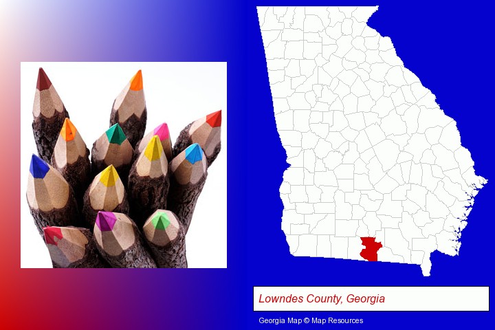 colored pencils; Lowndes County, Georgia highlighted in red on a map