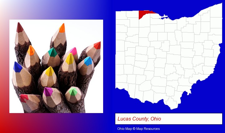 colored pencils; Lucas County, Ohio highlighted in red on a map