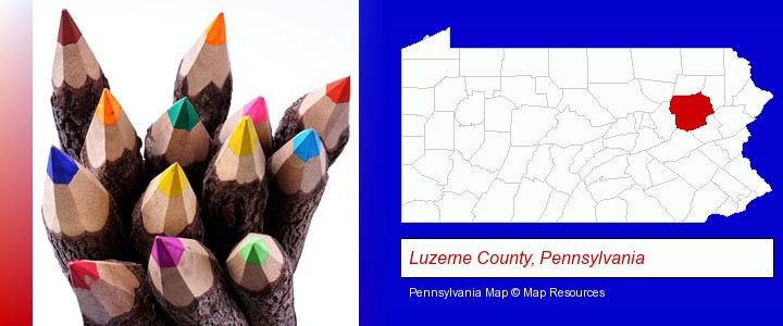 colored pencils; Luzerne County, Pennsylvania highlighted in red on a map