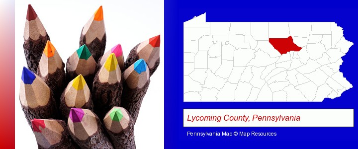 colored pencils; Lycoming County, Pennsylvania highlighted in red on a map