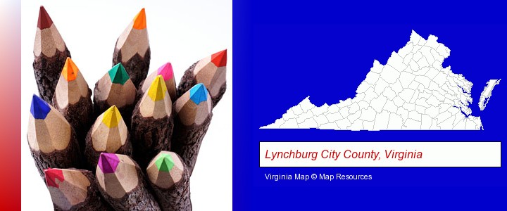 colored pencils; Lynchburg City County, Virginia highlighted in red on a map