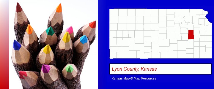 colored pencils; Lyon County, Kansas highlighted in red on a map