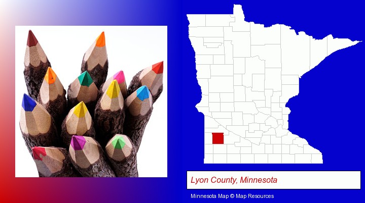 colored pencils; Lyon County, Minnesota highlighted in red on a map