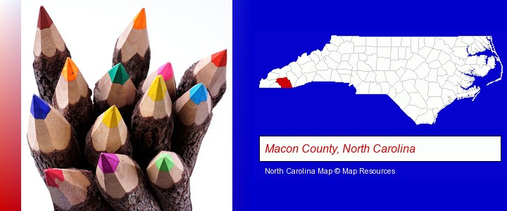 colored pencils; Macon County, North Carolina highlighted in red on a map
