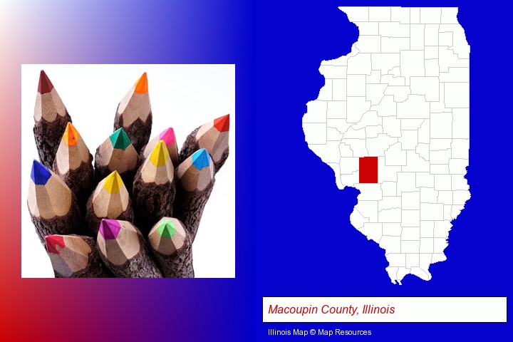 colored pencils; Macoupin County, Illinois highlighted in red on a map