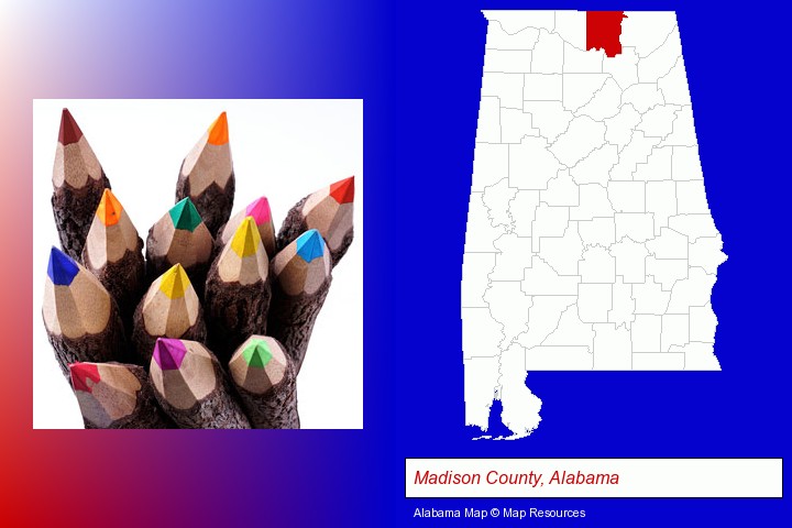 colored pencils; Madison County, Alabama highlighted in red on a map