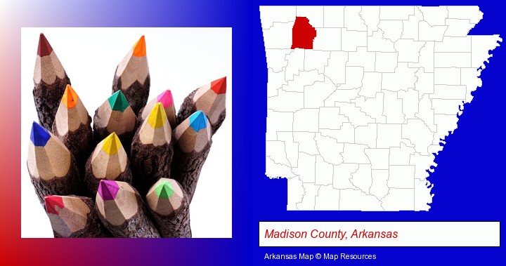 colored pencils; Madison County, Arkansas highlighted in red on a map