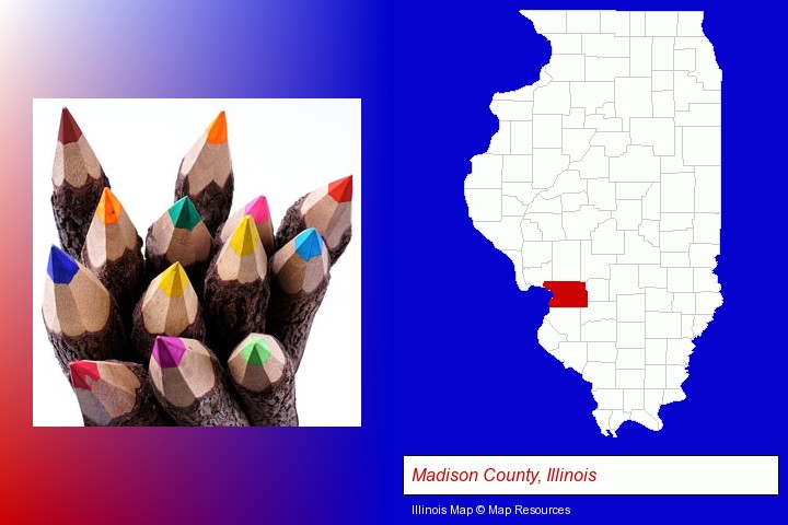 colored pencils; Madison County, Illinois highlighted in red on a map