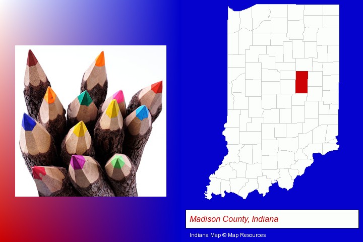 colored pencils; Madison County, Indiana highlighted in red on a map