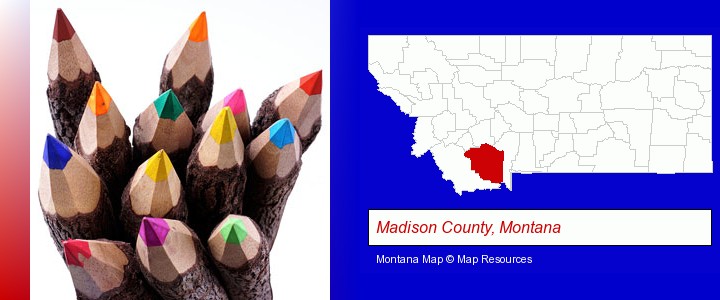 colored pencils; Madison County, Montana highlighted in red on a map