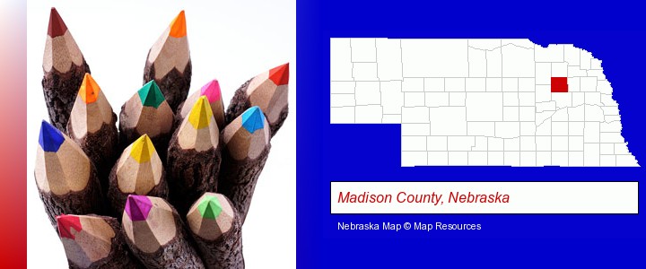 colored pencils; Madison County, Nebraska highlighted in red on a map