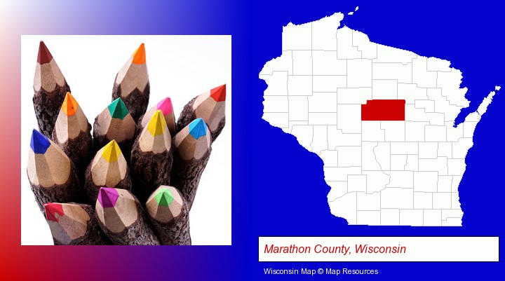 colored pencils; Marathon County, Wisconsin highlighted in red on a map