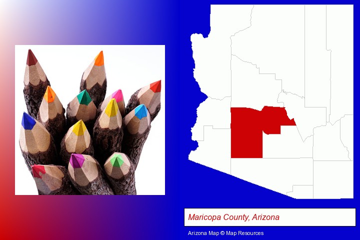 colored pencils; Maricopa County, Arizona highlighted in red on a map