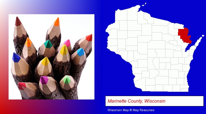 colored pencils; Marinette County, Wisconsin highlighted in red on a map