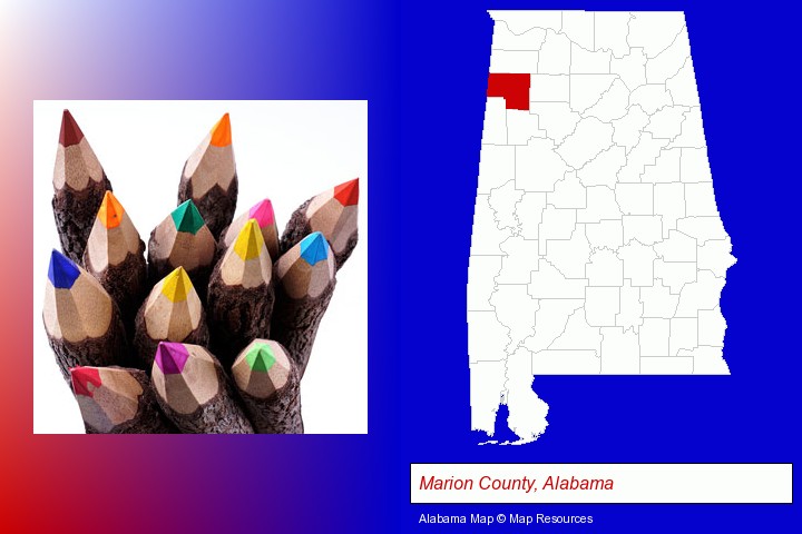 colored pencils; Marion County, Alabama highlighted in red on a map