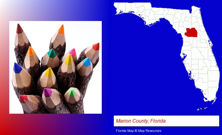 colored pencils; Marion County, Florida highlighted in red on a map