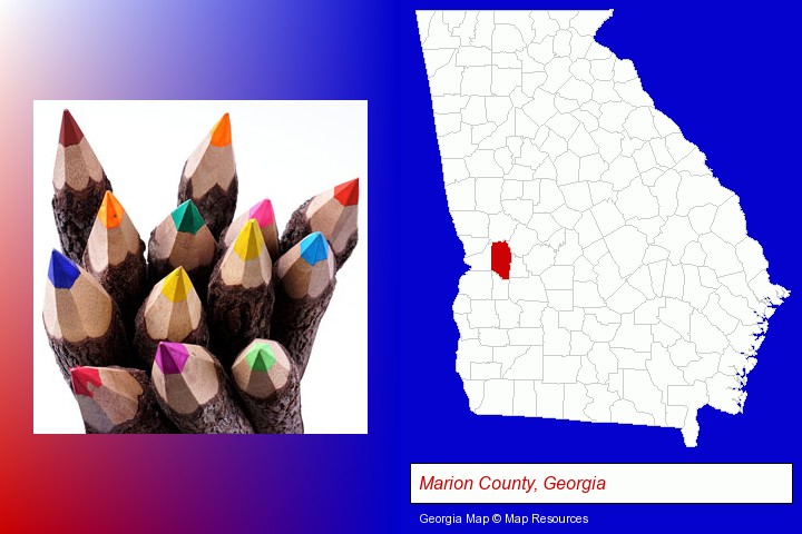 colored pencils; Marion County, Georgia highlighted in red on a map