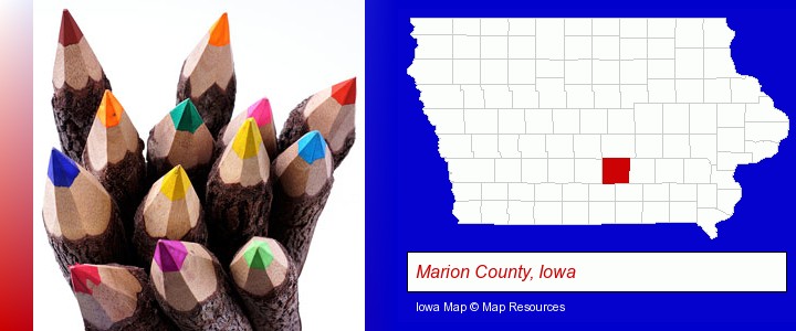 colored pencils; Marion County, Iowa highlighted in red on a map