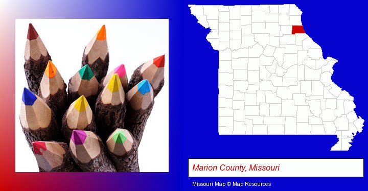 colored pencils; Marion County, Missouri highlighted in red on a map