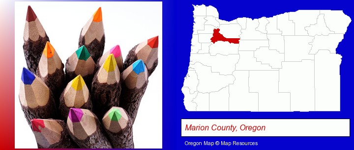 colored pencils; Marion County, Oregon highlighted in red on a map
