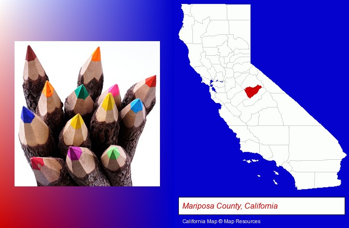 colored pencils; Mariposa County, California highlighted in red on a map