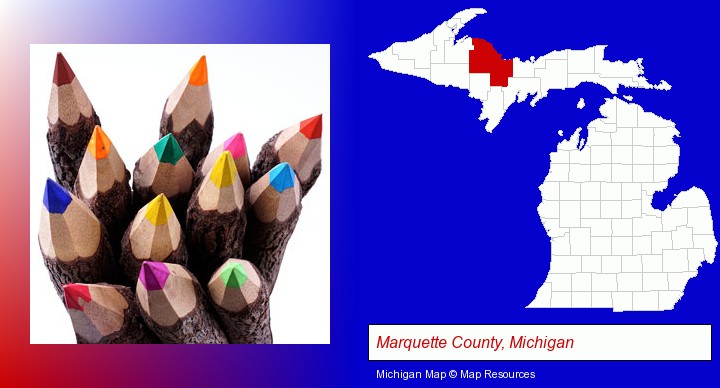 colored pencils; Marquette County, Michigan highlighted in red on a map