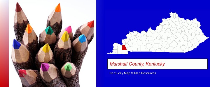 colored pencils; Marshall County, Kentucky highlighted in red on a map
