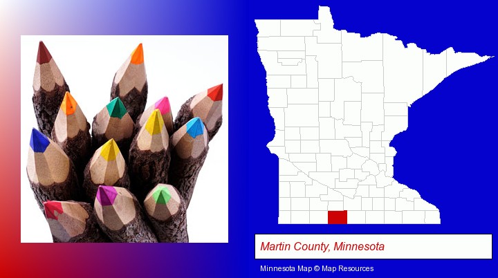 colored pencils; Martin County, Minnesota highlighted in red on a map