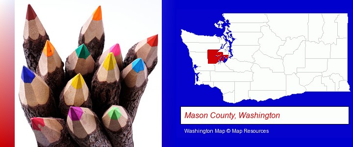 colored pencils; Mason County, Washington highlighted in red on a map