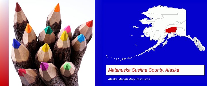 colored pencils; Matanuska Susitna County, Alaska highlighted in red on a map