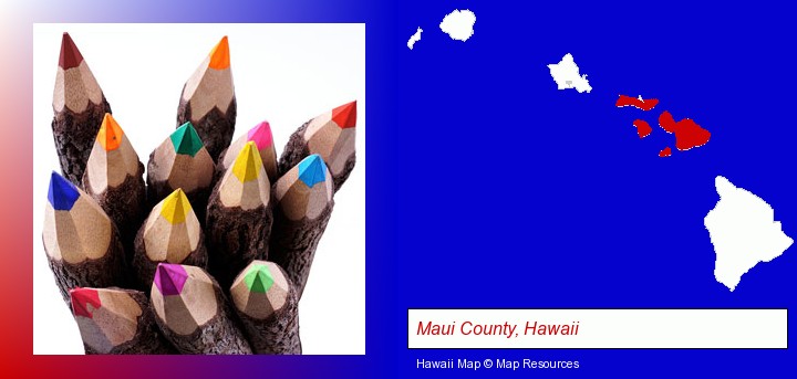 colored pencils; Maui County, Hawaii highlighted in red on a map