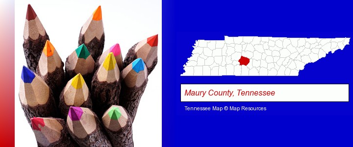colored pencils; Maury County, Tennessee highlighted in red on a map