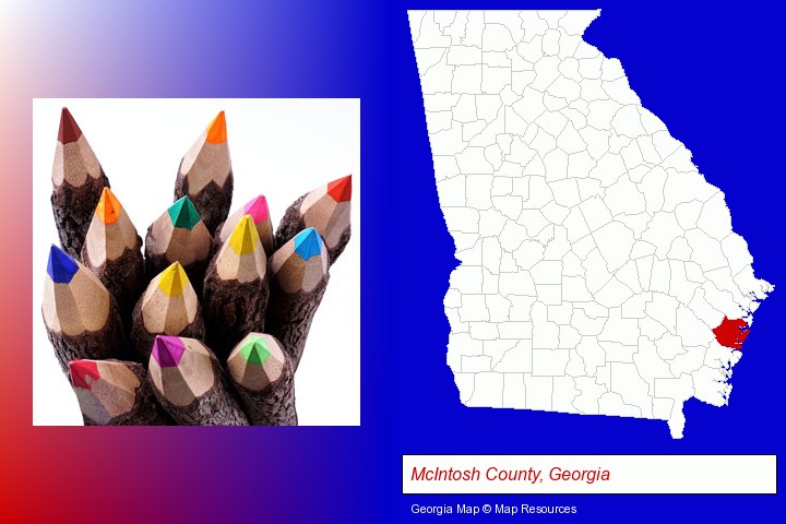 colored pencils; McIntosh County, Georgia highlighted in red on a map