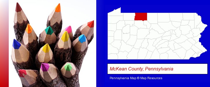 colored pencils; McKean County, Pennsylvania highlighted in red on a map