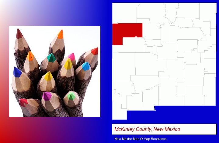 colored pencils; McKinley County, New Mexico highlighted in red on a map
