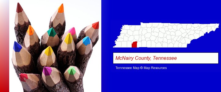 colored pencils; McNairy County, Tennessee highlighted in red on a map