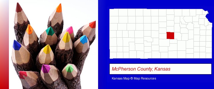 colored pencils; McPherson County, Kansas highlighted in red on a map