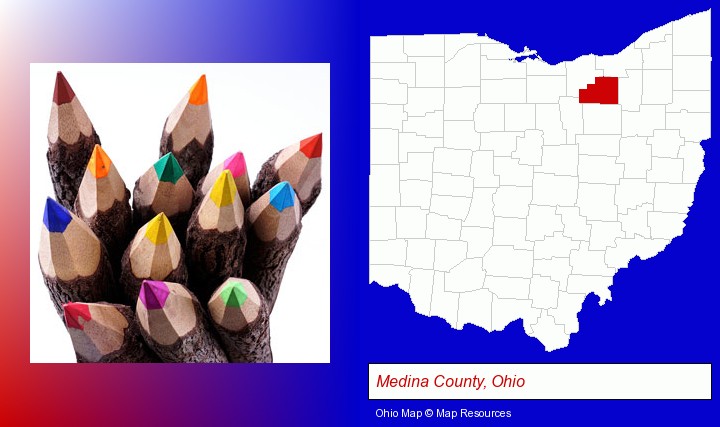 colored pencils; Medina County, Ohio highlighted in red on a map