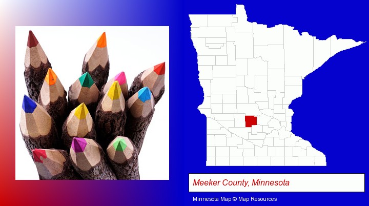 colored pencils; Meeker County, Minnesota highlighted in red on a map