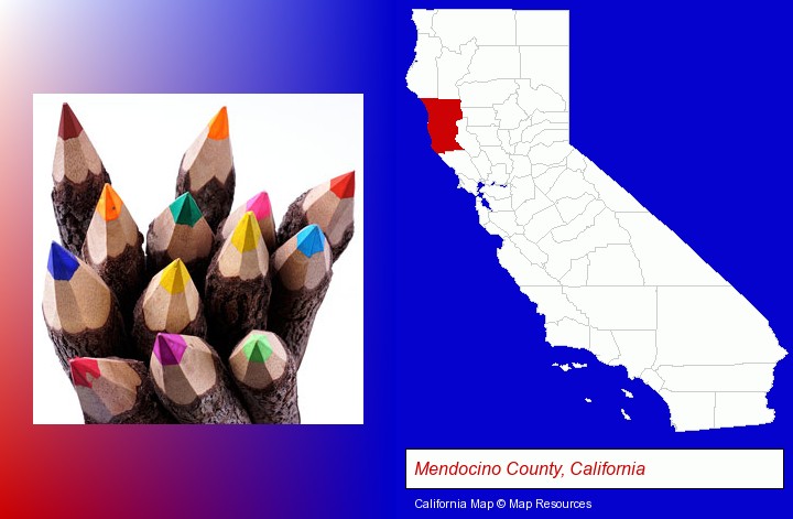 colored pencils; Mendocino County, California highlighted in red on a map