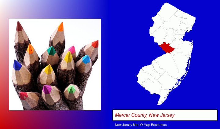 colored pencils; Mercer County, New Jersey highlighted in red on a map
