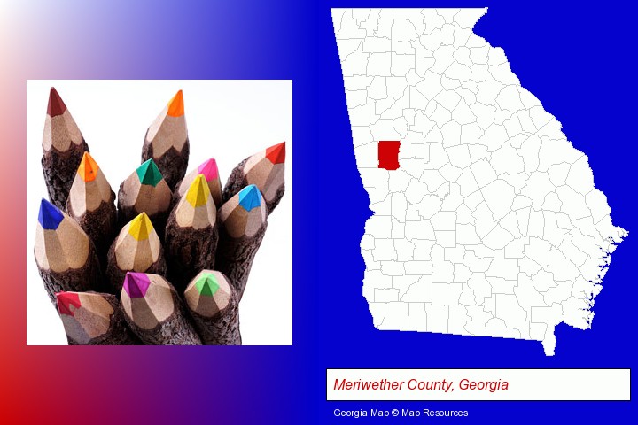 colored pencils; Meriwether County, Georgia highlighted in red on a map