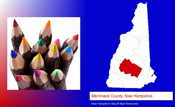 colored pencils; Merrimack County, New Hampshire highlighted in red on a map