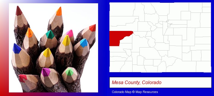 colored pencils; Mesa County, Colorado highlighted in red on a map