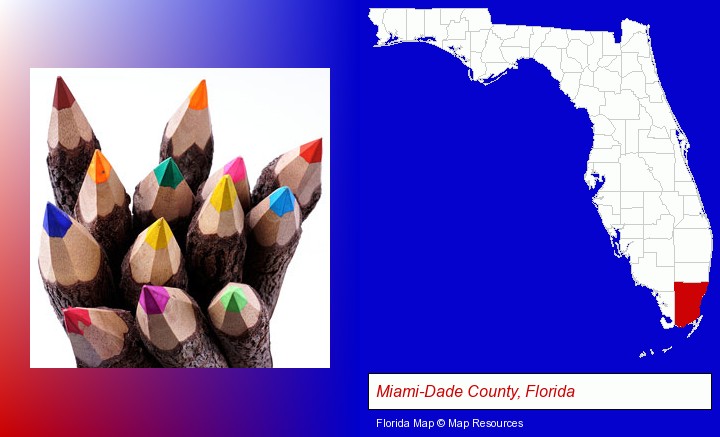 colored pencils; Miami-Dade County, Florida highlighted in red on a map