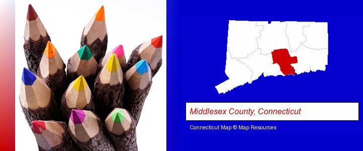 colored pencils; Middlesex County, Connecticut highlighted in red on a map