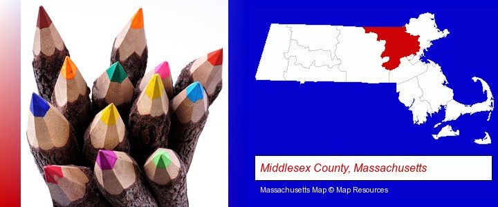 colored pencils; Middlesex County, Massachusetts highlighted in red on a map
