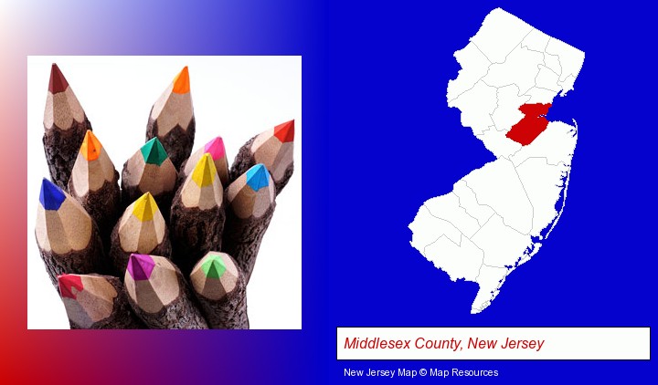 colored pencils; Middlesex County, New Jersey highlighted in red on a map